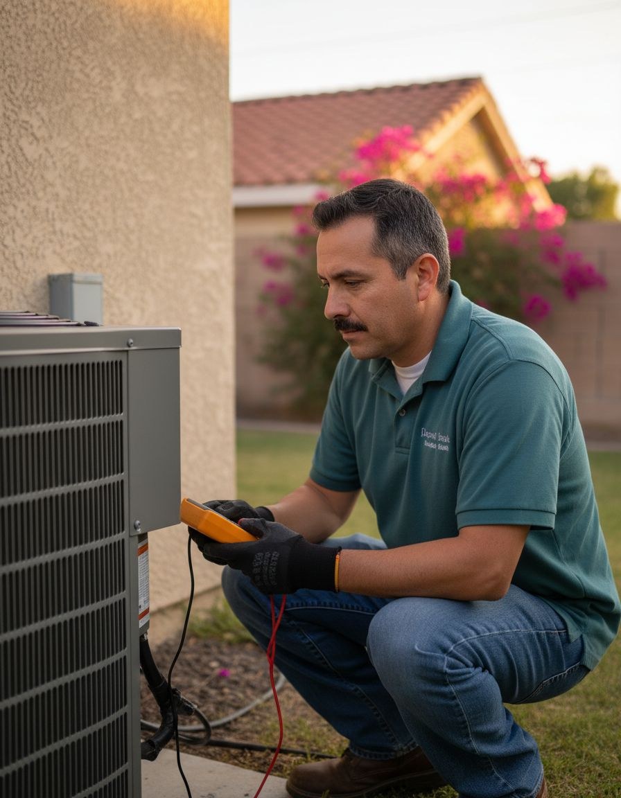 Emilio Solano running diagnostics on a residential AC condenser in a Torrance backyard